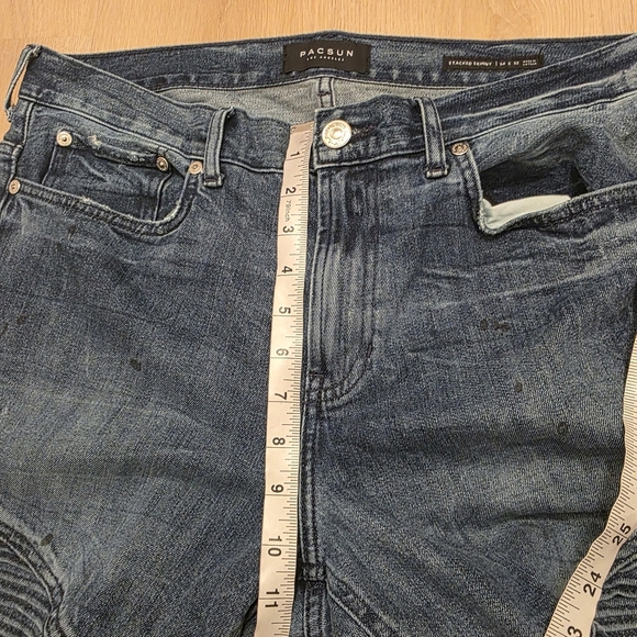 Pacsun Medium Wash Distressed Black Paint Splatter Stacked Skinny Jeans Sz 34×32 - Picture 7 of 9